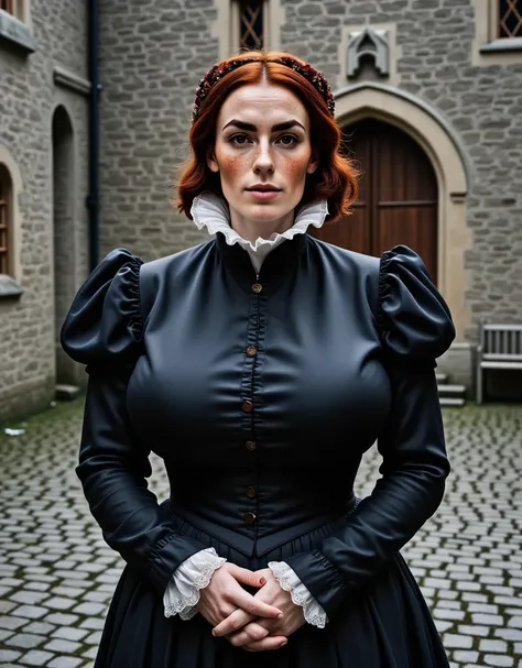 Photorealistic, cinematic style, a picture of a beautiful British woman standing in the courtyard of a Elizabethan manorhouse. cobbled stone pavement, grey stone walls, small stained glass windows. She is wearing a black Elizabethan era dress with high nec...