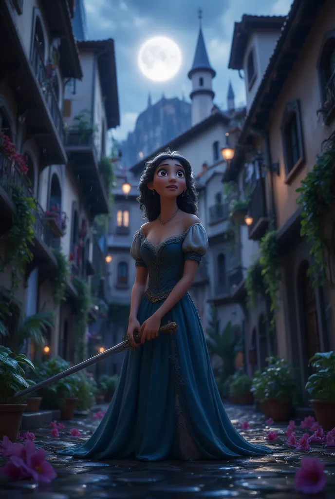 A princess with sword in rain feeling sad in a dark rainy light as moon shines upon her giving her a rim light effect ,made by Heraldo Ortega,cinematic,detailed,beautiful,art,8k,upscaled,4k.