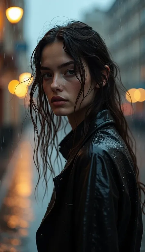 Imagine a model standing in the rain, surrounded by a dramatic yet calm atmosphere. Her hair is wet, flowing and clinging to her face, giving her a natural and emotional look. She’s dressed simply—perhaps in a slightly transparent raincoat or dark clothing...