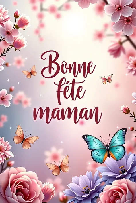 Affiche 4K qui dit bonne fête maman avec fond pastel avec des papillons, du brillant, des fleurs