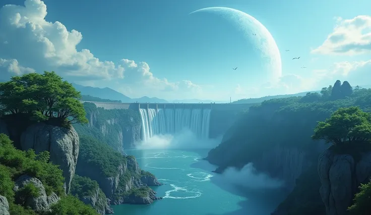 Movie《Avatar》Alien World ， have shrubs growing on boulders floating in the air，Birds in the distance &#39;s-eye view， A huge hydraulic dam is extremely tall and spectacular，There are shrubs growing on some hanging boulders nearby， Half a huge planet is rev...