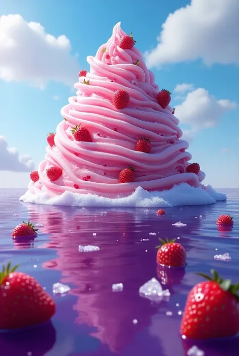 a stylized and fantasy ocean with a giant arctic island in the middle made of strawberry ice cream and grape juice as water, there are also grape and strawberries floating on the water