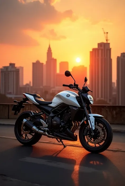 White glossy,sunset , Mumbai buildings,Yamaha Mt bike,

