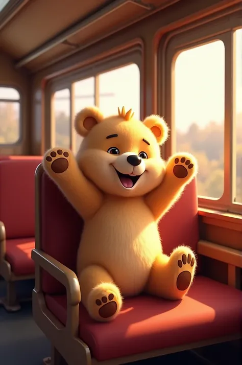 In the(train first seat) first car, we have a happy bear,  
Waving his paws, with fluffy hair.