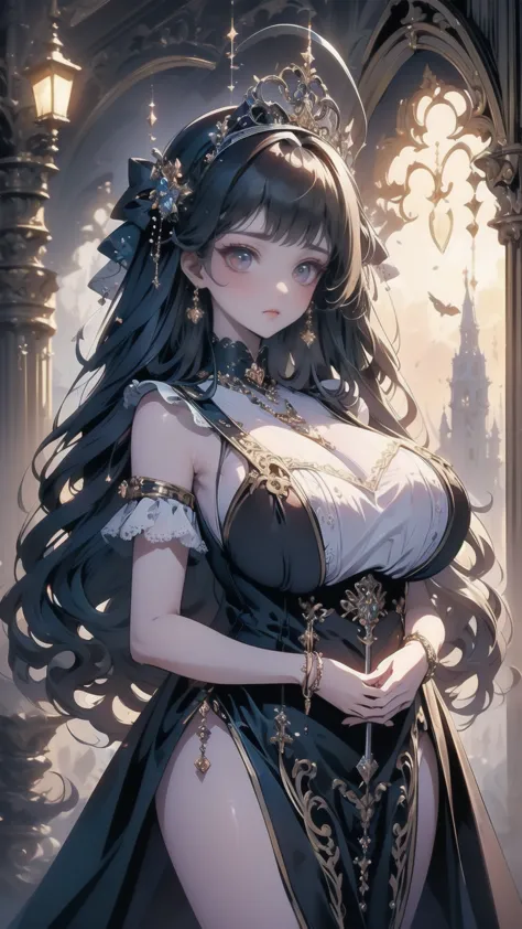 (Best Quality, masterpiece, Super detailed,  very detailed, Exquisite, 16k,  absurd, Full HD), Gothic castle, very cute tiara,( Magic Knight Princess ,  purple eyes, Big Eyes, Pale skin, expensive, Broad Shouldered  , Plump Sexy ),(Decided, I&#39;m crazy,  serious look), ((( Ready to Attack with Swords :1.2))),  Browse Viewers, Cover one eye,  Long Hair Tied Back , Grey Hair, ( Fantasy,  romantic atmosphere), Dramology , Realistic, , ( Medium Shot), (From below), Low angle shot, Front View, ((Symmetrical Configuration)), Shine, ( dramatic lighting ), ( Movie Lighting), ( Volumetric Lighting), ( Dynamic Lighting), ( bright colors),  bright colors, Warm colors, (Architectural Photography)
