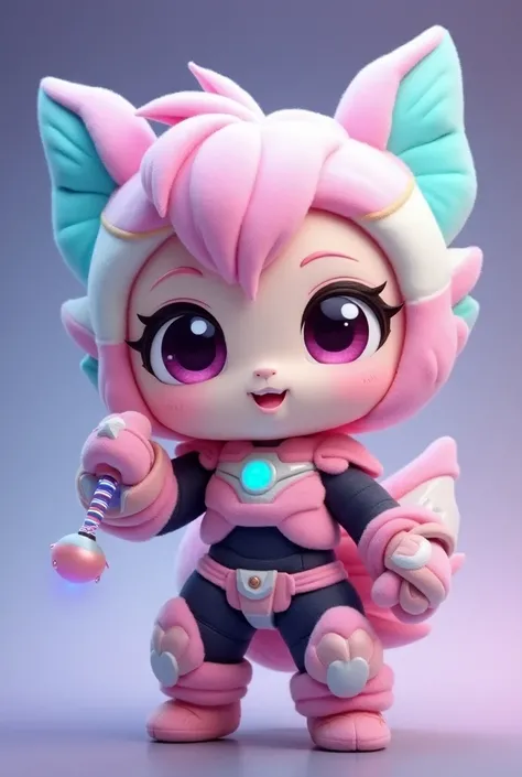 "Create a cute, baby toy version of Freya from Mobile Legends with her Orbital Elite skin. The toy should have a small, chubby body, featuring her futuristic armor in pastel colors with glowing neon accents. Make the armor look soft and plush, as if it’s m...