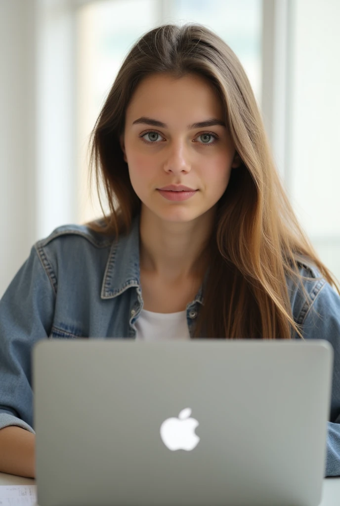 A front-angle view of a young, beautiful woman in her early twenties, seated at a desk and working intently on her laptop. She has expressive eyes and a gentle, focused expression, with her long hair flowing slightly as if caught by a soft breeze. The back...