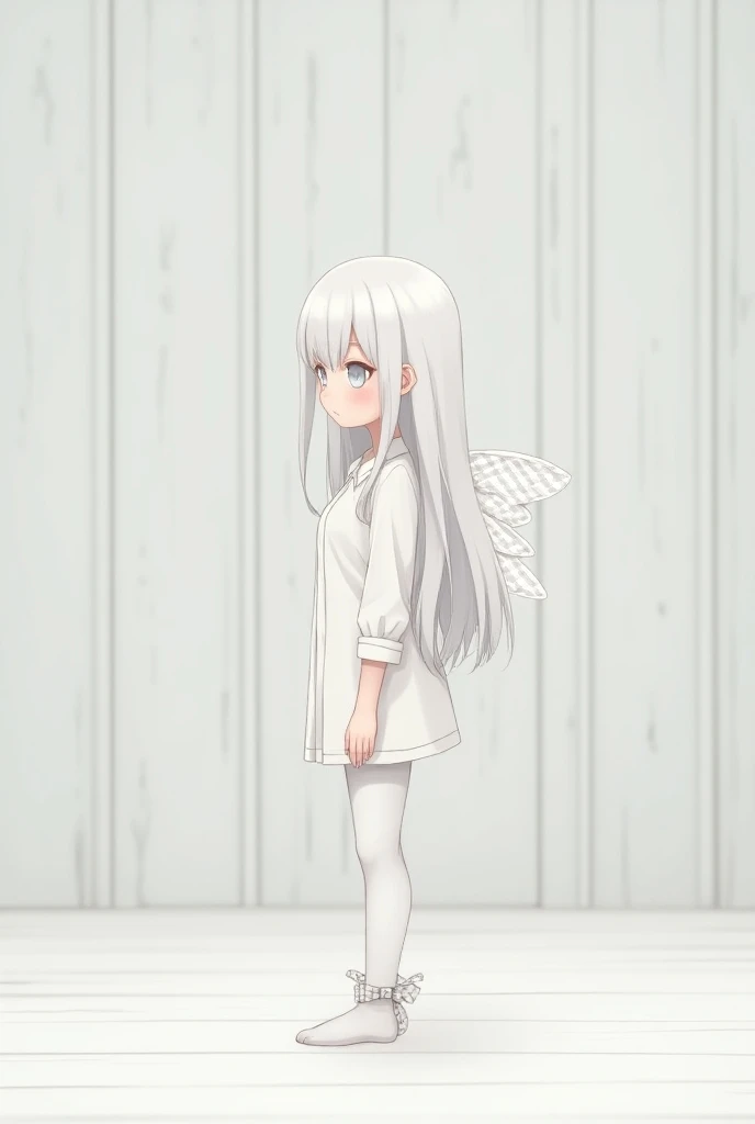 `White shirt dress tee , The bottom is white leggings , I have a white pencil in my hand , Long white straight hair , small head, 머리카락 한 가닥  is standing,  small white eyebrows, small neck , white eyes, small eyes, dead eyes, Drowning , small mouth, small s...