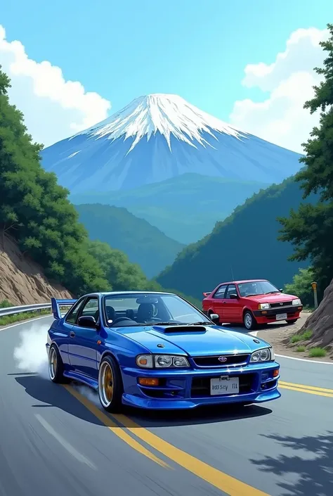  Make me a banner ( horizontal  ) representant une subaru impreza sti bleue poursuivi par une toyota ae86 treno du manga initial D sur une route de montagne.
 Mount Fuji in the background . Limage devra etre dinspiration manga