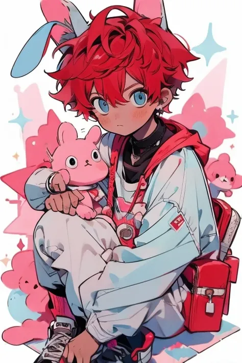 Cute boy, rabbit ears, red hair, light blue eyes, dark skin, thighs, blush, watercolor, starry sky