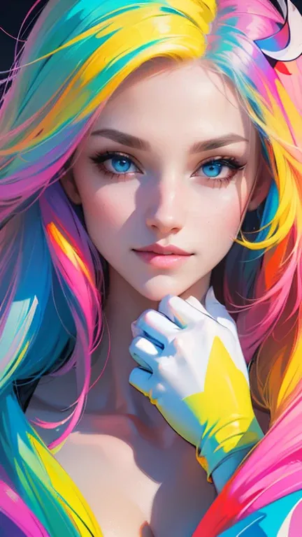 ( digital art), ( pop art), (Amazing art), ( gorgeous designer +Premium quality :1.4), ( high resolution on down+), Light Painting,  bright colors, Masterpiece Art , Woman with colorful eyes , with different colors, both with  bright colors, different, Het...