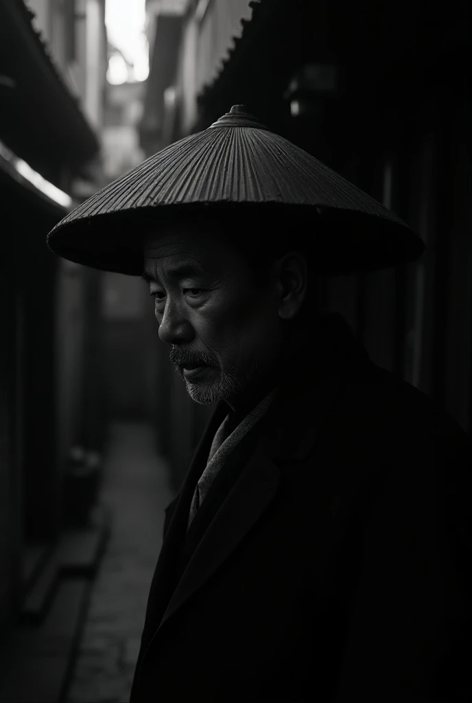 A man wearing a traditional Asian conical hat standing in the dark alleyway, dramatic chiaroscure lighting black and white photo realistic,anime style,close up