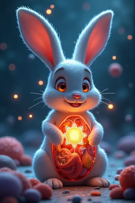 Create a scene where an animated carbon atom with a face and smile is inside a rabbits body to help it stay energized