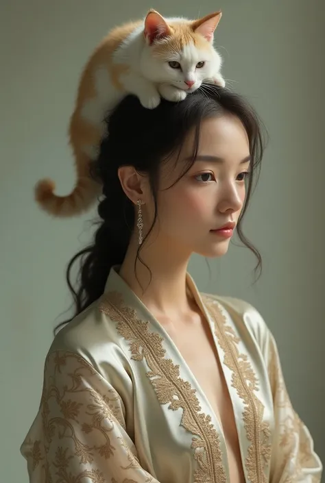 Real  wearing silk clothes with a cute little cat on his head