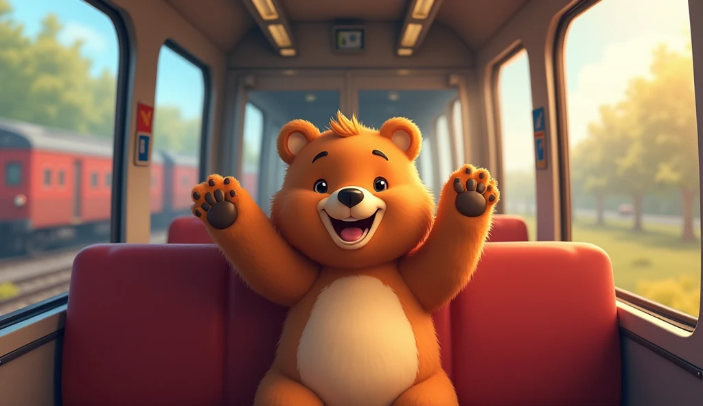 In the(train first seat) first car, we have a happy bear,  
Waving his paws, with fluffy hair.(whole picture of train)