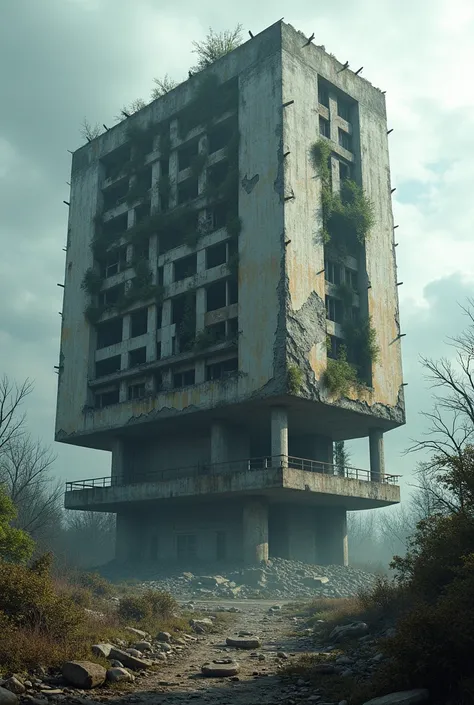 Create outside A laboratory with a modern building destroyed after the zombie apocalypse disaster 
