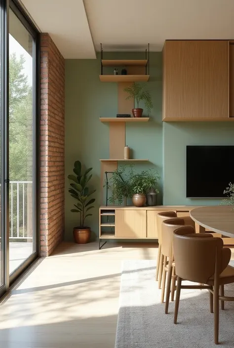  Rectangular living room with 24m² , 2 Ceiling Height,40 with a large window ,  the environment must be bright , with natural elements,  a hollow brick wall at the center of the environment making a division between living room and dining room. bright floo...