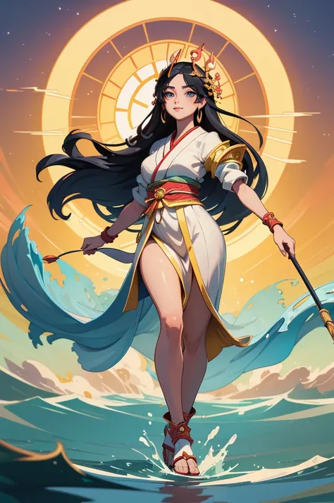 Best quality, masterpiece, high quality, detailed beautiful face, (detailed beautiful eyes), full-body shot, "Depict Amaterasu, the radiant and powerful goddess of the sun from Japanese mythology, as a full-body, standing figure with long, flowing black ha...