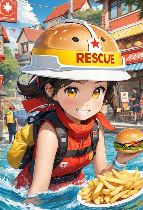  A dynamic and cartoonish logo for The Rescue , a hamburger and bakery established in 2021 ,  with a fast food theme . in the center,  the text The Rescue in a bold and modern style ,  surrounded by hamburger characters ,  a hot pot and chips ,  each weari...