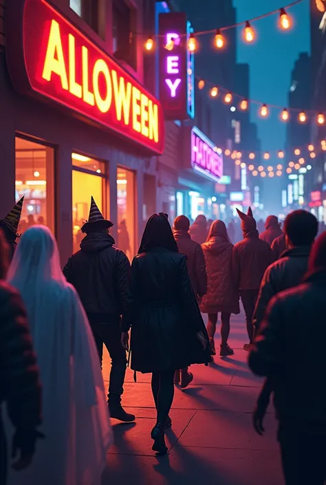 Take a picture of people coming to a nightclub dressed in Halloween clothes 