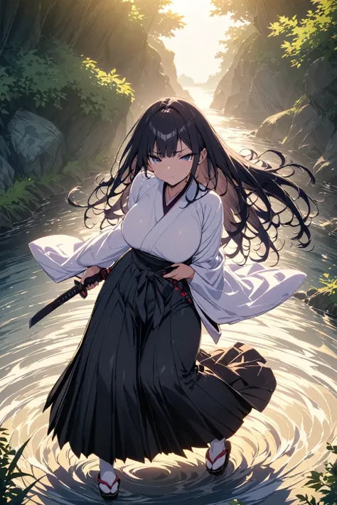 One young and beautiful woman,(Best Quality, Extremely Detailed Description , Incredibly Absurd Hi-Res),(Anime Samurai Girl ),(kimono,Hakama,knife:1.3),(Black Eyes,Black Hair, half-closed eye:1.1,sweat,Beautiful legs,Curvaceous Body, shiny skin,knifeを手に持って...