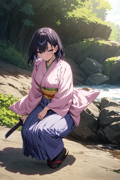 One young and beautiful woman,(Best Quality, Extremely Detailed Description , Incredibly Absurd Hi-Res),(Anime Samurai Girl ),(kimono,Hakama,knife:1.3),(Black Eyes,Black Hair, half-closed eye:1.1,sweat,Beautiful legs,Curvaceous Body, shiny skin,knifeを手に持って...