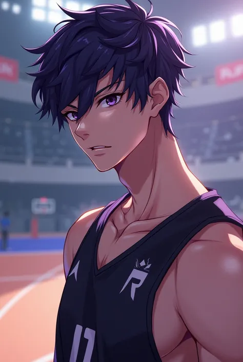 Create a Haikyuu character, a man with dark purple hair and black eyes, slim and attractive 