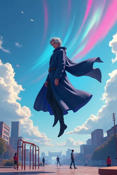 Gojo satoru from jjk,  very detailed on playground equipment,   Unreal Engine ,  gray haired man floating freely sideways in the air, Young people,  dark blue coat without jacket ,  man in an open space ,  synthwave clouds ,  man in an open space ,  severa...