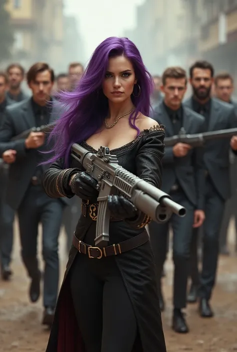 Many men with weapons animate all handsome and stylish and ahead of them the queen with purple hair, beautiful and buluptuous and with a mediaeval-style machine gun 