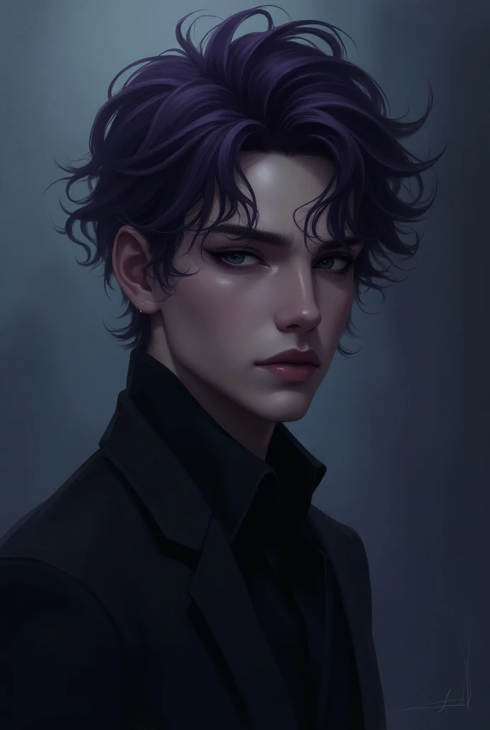 Create a male character with dark purple hair with black eyes, slim and attractive 