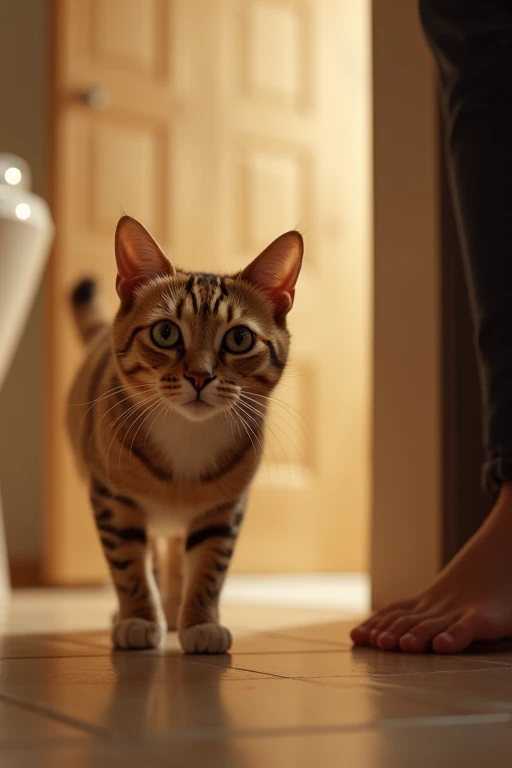 ((masterpiece)) ((analog photography)) ((natural light)) High-resolution photo of a curious cat following its owner into the bathroom. The cat’s gaze is fixed on her, capturing a moment of adorable loyalty and curiosity. The setting is cozy, with soft bath...