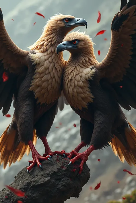 Realistic close-up scene of a vulture attack the brown eagle and bloodeid atop hyper realistic scene.