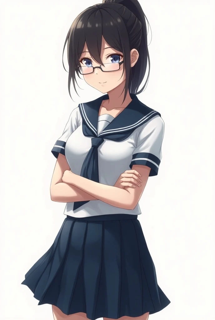 Japanese schoolgirl in sailor dress, wearing glasses in ponytail, confident gesture