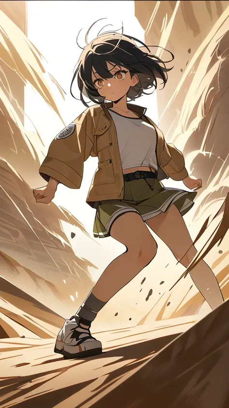 1 girl, ( cute face), Short Hair,  surprised expression ,  field jacket ,  Lightweight Tops ,  sand color skirt, Small breasts, A courageous stance, 砂にまみれた肌  
break, In the sandstorm , (Strong light:1.4), Shades of Sand ,  Harsh Atmosphere , break, Rough d...