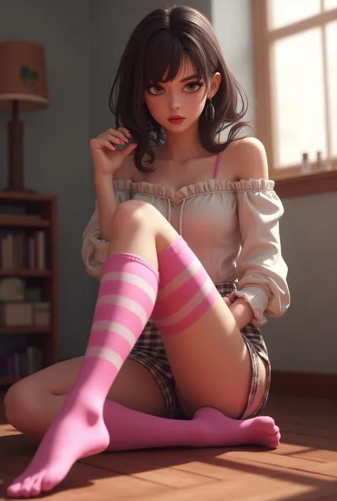 1 girl, wearing pink and white stripe thigh high socks, miniskirt, sassy, floor pov, 1 foot up, raised foot, looking up pov