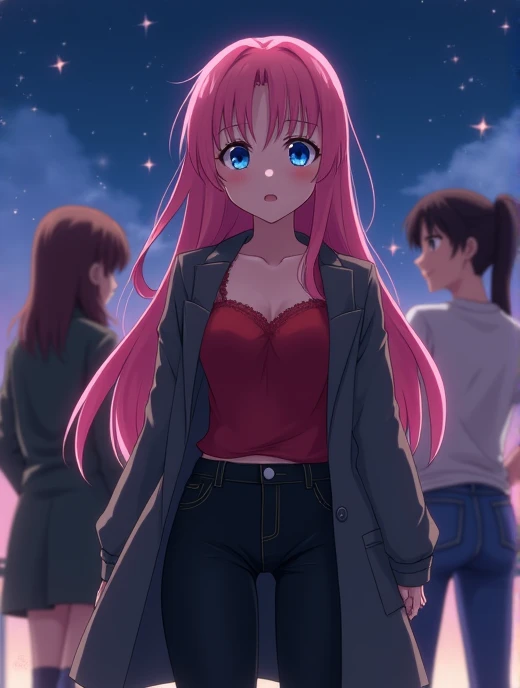  An 18-year-old anime lady  , anime To love ru,      soft lighting   ,   A group of 4 18-year-old anime people   ,   Are there people around you on a night with a sky with few stars,  measures 1 ,  70 cm in height and her measurements  : B 68 ,   W 35 ,   ...