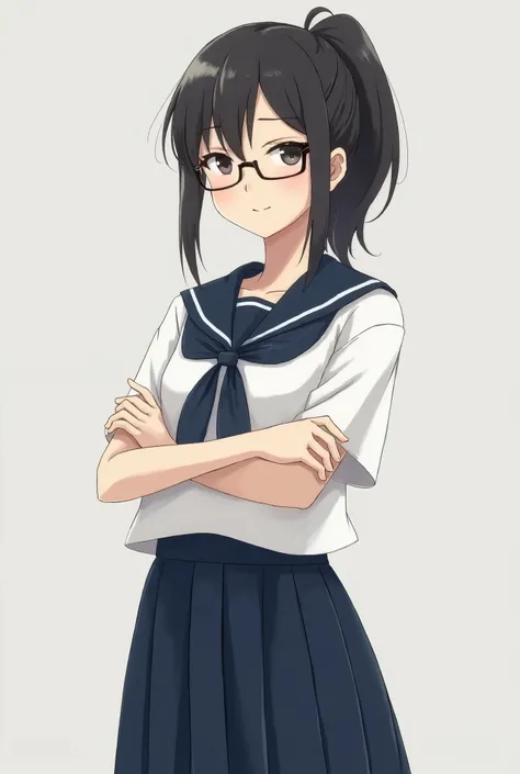 Japanese schoolgirl in sailor dress, wearing glasses in ponytail, confident gesture