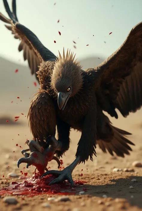 Realistic close-up scene of a vulture attack and kill the brown eagle and atop.hyper realistic.