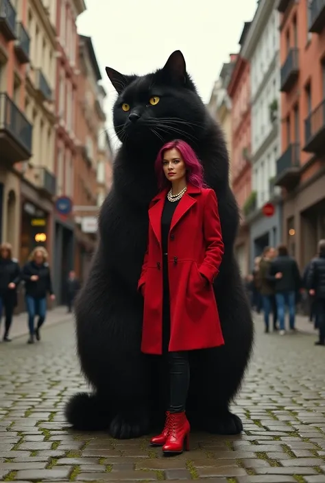 A woman with a pearl necklace with magenta hair and tanned skin and an American face，Wearing Red coat, black pants and red boots，Leaning on a huge gray scottish cat，Cats are three times bigger than women，The background is a Busy street，The courtyard floor ...