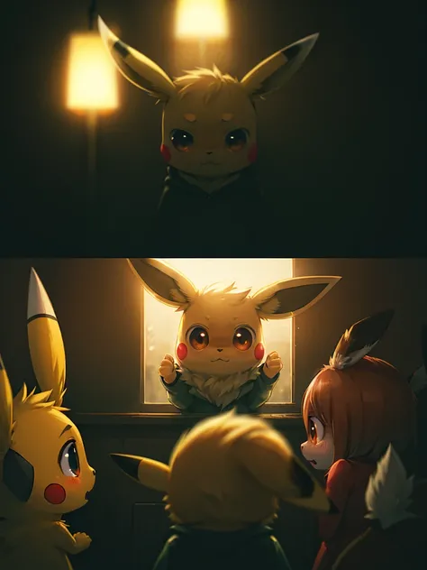 pocket monster , creepy & scared , Pikachu and Eevee
, ( soft focus , Shallow focus , dim light , Cross Process , Tyndall ) , horror movie