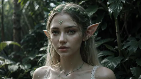  a beautiful elf with pointed ears, Flügel aus Greenen Cannabisblättern, wears wet, transparent white clothing ,  extremely detailed face and eyes (Green) ,  detailed skin structure ,  decorated fantasy jewelry , lush forest backdrop , warm light,  cinemat...