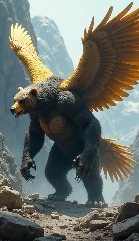 Envision a formidable creature in a rocky mountain setting, merging features of a bear, scorpion, and eagle. It has the muscular body and thick fur of a bear, with large, golden eagle wings extending from its back, feathers layered in dark browns. Its head...