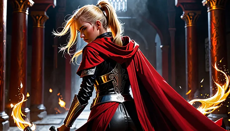 A dramatic scene featuring a female warrior viewed from behind, wearing a flowing red cloak instead of armor. She holds a pair of semi-automatic pistols, with distinctive designs in each hand. In her right hand is a sleek, silver pistol labeled "VIRTUE," d...