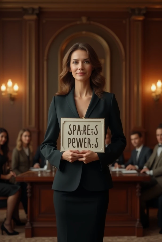 "A professional woman in business attire is holding a board that says NOMINATIONS ARE OPEN in bold, elegant letters. She stands in front of a classic and sophisticated background with rich textures and muted colors, such as dark wood paneling or a stately ...