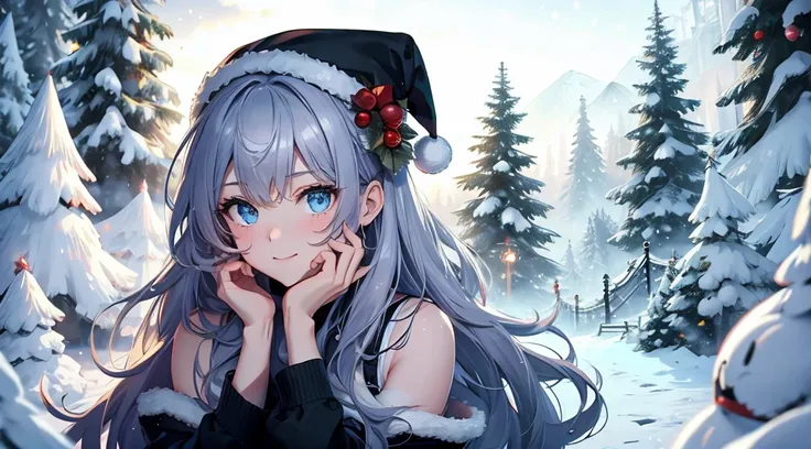 top-quality、  best image quality、​masterpiece、 teenage girl((Long black coat、 Blue Tank Top、  black pants  、Santa hat、18 years old、 age、Best Bust、Large bast,Beautiful light blue eyes, Long silver hair、Slender,Big Valley、 dye your cheeks red、White Breath、Re...