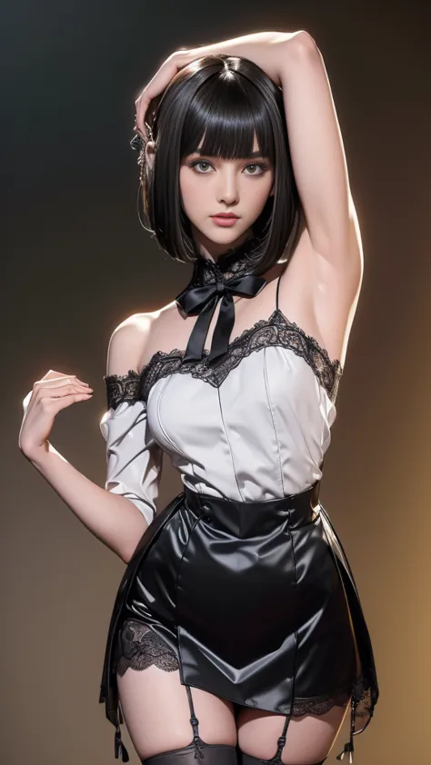 (((masterpiece, best quality, super detailed))), 1 female, (((very thin body))) , (((length, thin legs))), (((black short bob, t...