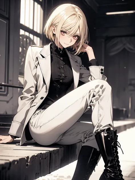 (Confused,  high resolution on down,  very detailed), 1 female, Blonde,Bob Hair,Crimson Eyes, black and white formal,20th Generation,Beauty,young,thin,Quiet,Calm, Little Smiles ,Long jacket,slender and , boots, skinny pants,observatory