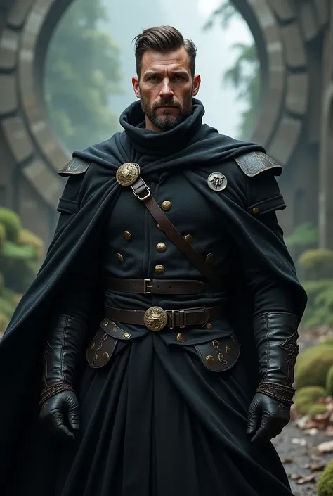 A man with a short brown beard and short brown hair, wearing all black high fantasy clothes