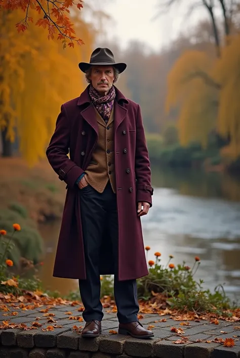 Craft an image of a gentleman exuding a refined charm, standing gracefully upon a timeworn stone bridge. Clothing hewn from deep plum wool in the shape of a classic trenchcoat, accompanied by a delicately patterned burgundy and gold scarf, marks his intrig...