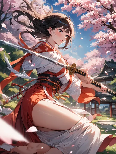 A beautiful female swordsman in a bright kimono holds a Japanese sword as she dances under a cherry tree in full bloom, dancer performing sword dance, 1 katana, The blade of the katana shining in the sunlight, cherry blossom petals swirling in the wind, et...